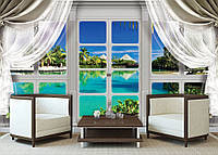 Тропические фото обои 254x184 см 3D Вид из большого окна со шторами на Гавайи (10630P4)+клей
