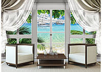 Фотообои пляж 368x254 см 3D Вид из большого окна со шторами на корабли (10632P8)+клей