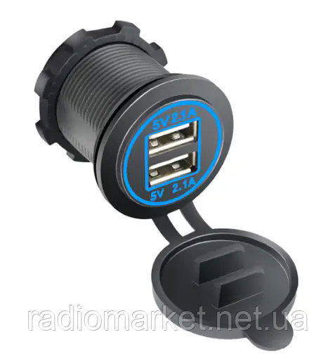 Гніздо USB подвійне врізне 5V 2,1 А з індикатором і кришкою, фото 1