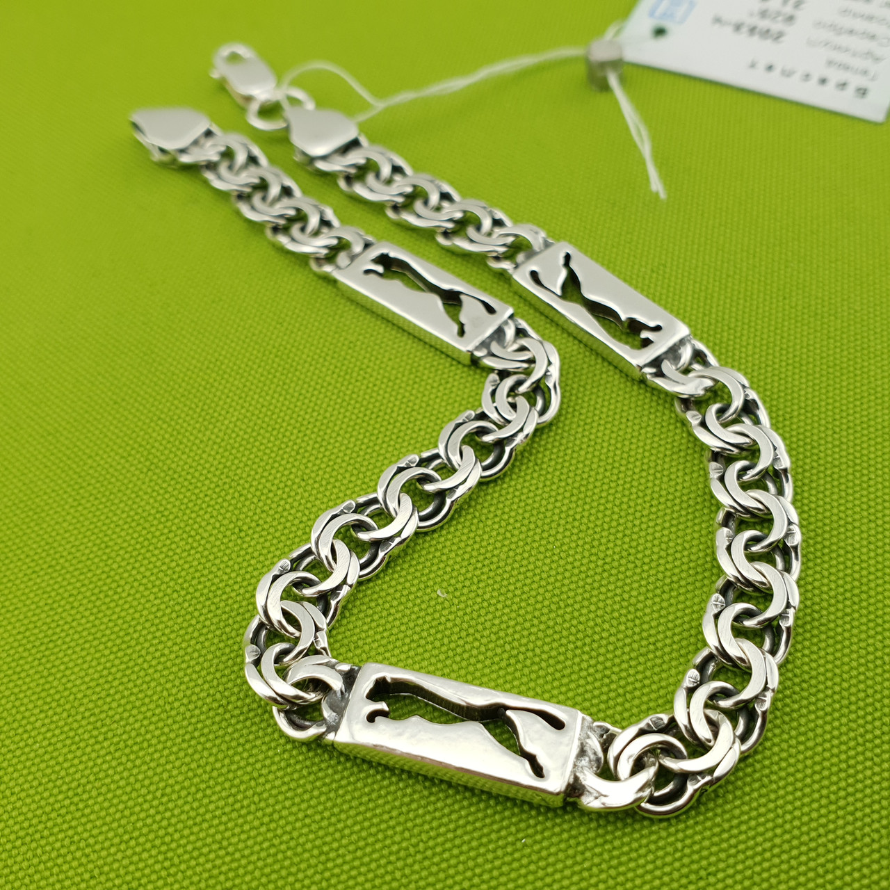 Срібний чоловічий браслет. Бісмарк зі вставкою. Чорнене срібло 925.19 см, фото 1