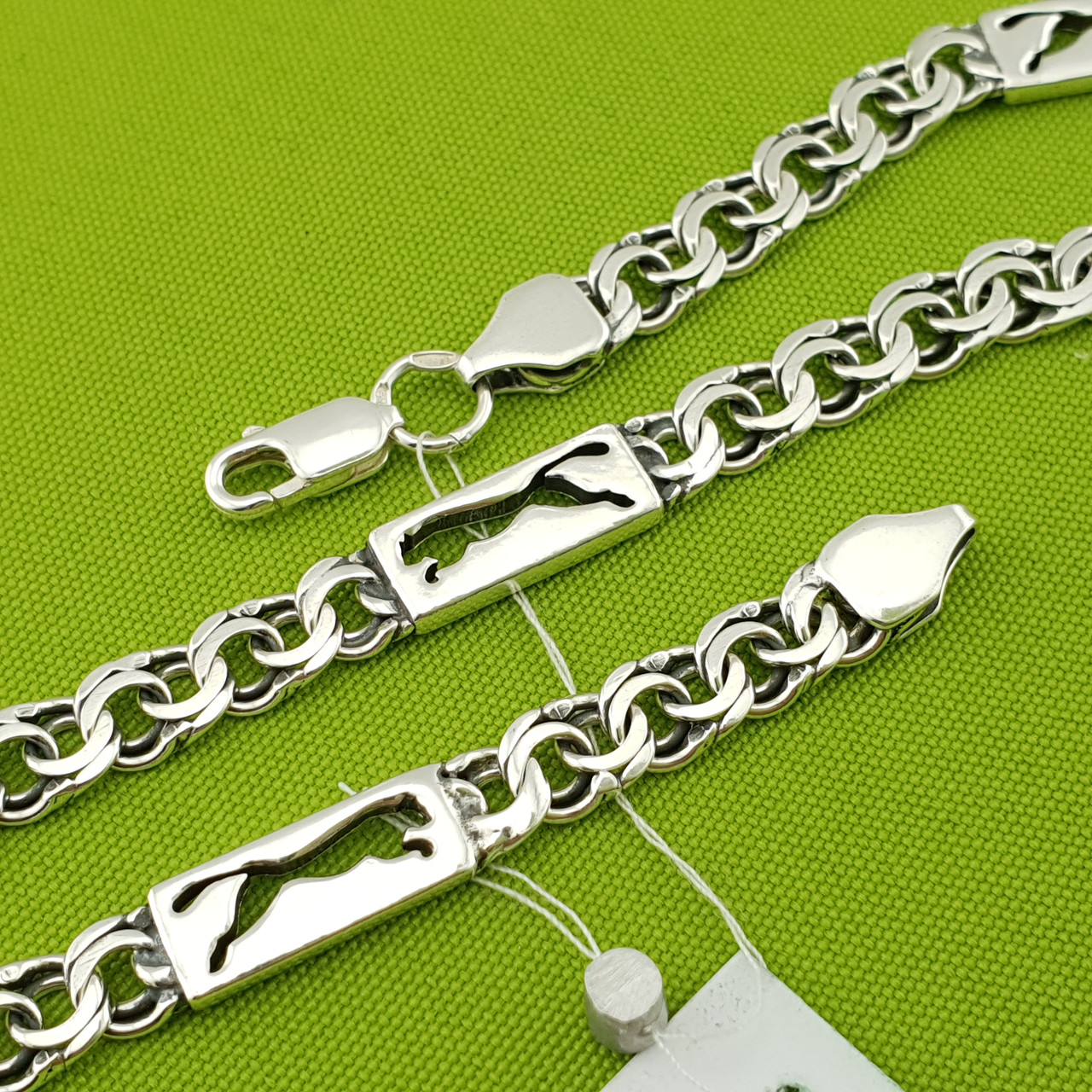 Срібний чоловічий браслет. Бісмарк зі вставкою. Чорнене срібло 925.19 см, фото 1