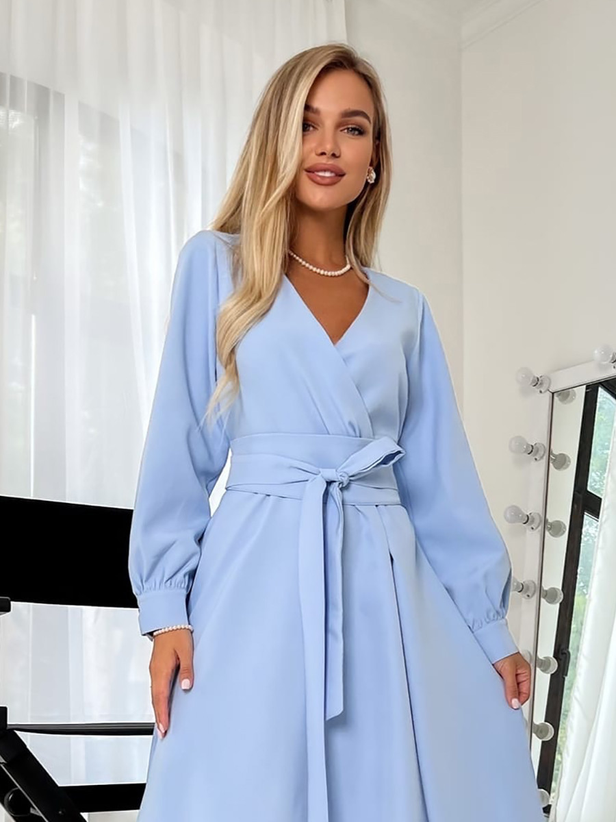 Вечірнє плаття міді з поясом з костюмної тканини, блакитне, фото 1