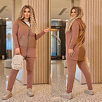 Жіночий прогулянковий костюм зі вставками стьобаної еко-шкіри, довга кофта та штани, батал великі розміри