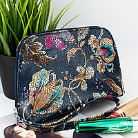 Косметичка жіноча шкіряна Viva 016 маленька синя із квітковим принтом