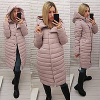 Пальто пуховик — кокон зимовий стьобаний арт. 180 плащівка Мадонна пудрового кольору/ бежева пудра