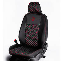 Чехлы на сиденья Фольксваген Гольф 5 (Volkswagen Golf 5) модельные экокожа ромбы логотип с красной строчкой