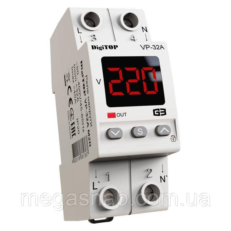 Реле напруги VP-32A M2R (з термозахистом, червоний індикатор) DigiTOP, фото 1