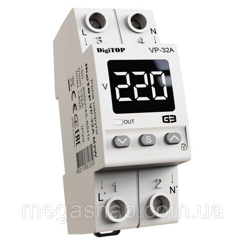 Реле напруги VP-32A M2R (з термозахистом, білий індикатор) DigiTOP, фото 1