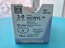 Шовний  матеріал Вікрил (Vicryl) 3-0, довжина нитки 75см, колюча голка 26 мм W9120