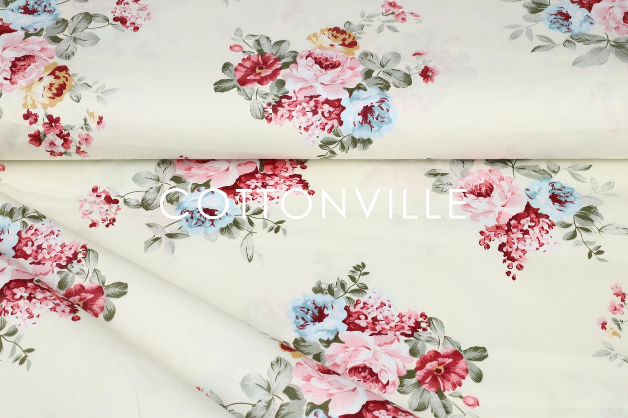 Сатин-твіл Букетики троянд і бузку на молочному, фото 1