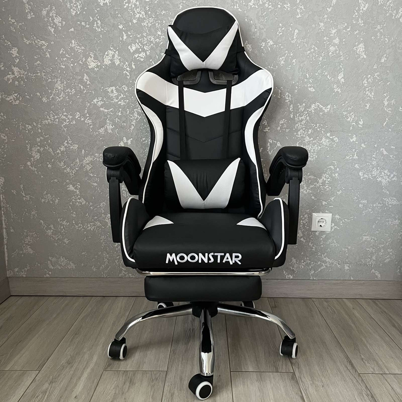 Кресло Геймерское MoonStar Черно-белое Игровое с Подставкой для Ног ...