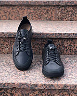 Мужские кожаные черные кеды Davis 12142-5 / эластичные шнурки