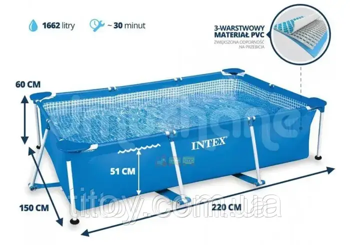Каркасный бассейн Intex 28270 (220х150х60 см) Rectangular Frame Голубой ...