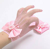 Детские нарядные перчатки, перчатки в сеточку с атласным бантом. РОЗОВЫЙ цвет.