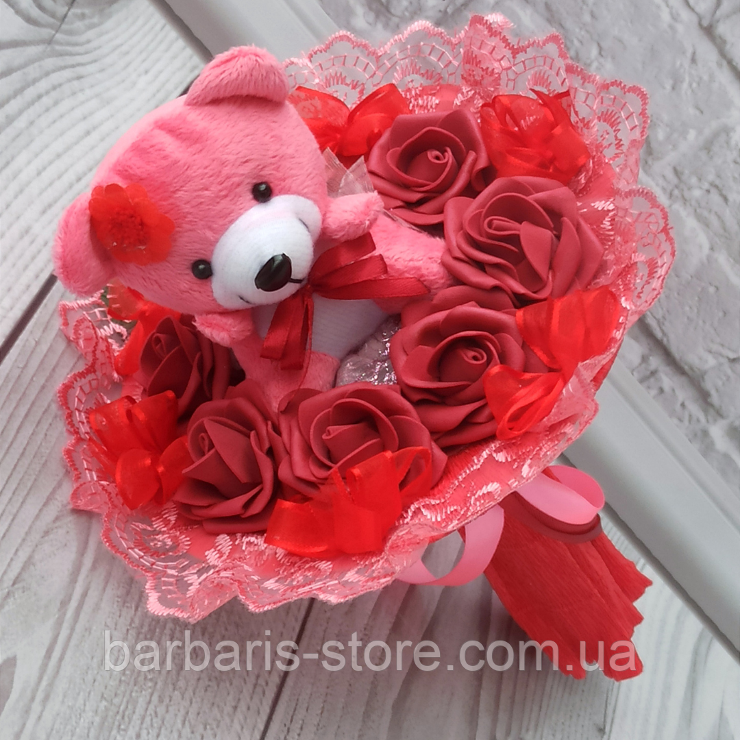 Букет з м'якої іграшки ведмедик і троянди квіти для дитини оригінальний подарунок на свято хрестини