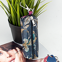 Ключниця жіноча шкіряна на молнії HC0045 синя з квітковим принтом
