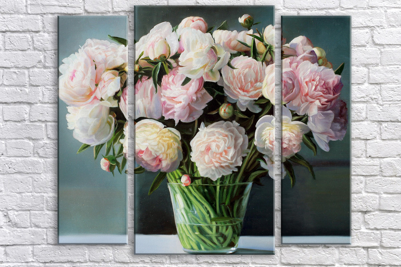 Модульна картина на полотні з 3-х частин "Півонії живопис"