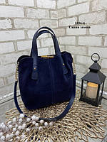 Стильная синяя вместительная женская сумка из замши та экокожи