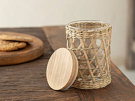 Скляна банка для сипучих з бамбуковою кришкою та солом’яним плетінням морський стиль Прованс фарм