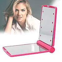 Мини зеркало для макияжа складное Travel Mirror Pink, Карманное зеркало с LED подсветкой на 8 светодиодов BOR