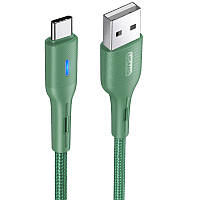 Дата кабель USAMS US-SJ460 U-Bob Series USB to Type-C Smart Power-off Cable (1.2m) Чорний Папа-папа, "1,1-2,0 м", Техничка, Зелений, Плетений, Led-підсвічування, USB - Type-C, "1,2 - 2,1А", Дата кабель + зарядка