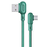 Дата кабель USAMS US-SJ457U57 Type-C Dual Right-angle Cable With Colorful Light (1.2m) Чорний Папа-папа, "1,1-2,0 м", Техничка, Зелений, Плетений, Led-підсвічування, USB - Type-C, "1,2 - 2,1А", Дата кабель + зарядка