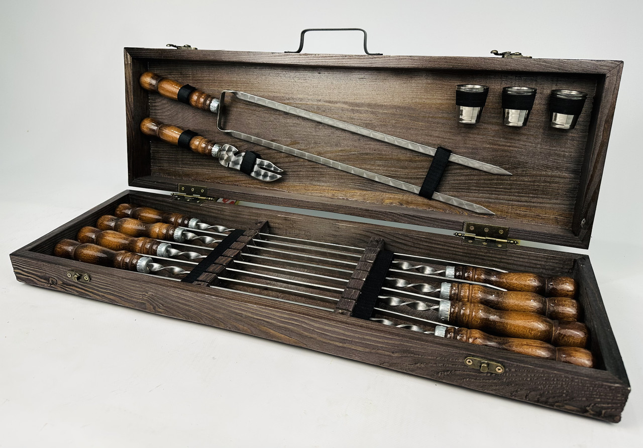 Подарунковий набір шампурів в дерев'яному кейсі для пікніка КІЗЛЯР, ручної роботи (шампура і аксесуари) HAPPY DAYS, фото 1