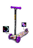 Детский складной самокат со светящиемися 4 колесами MAXI Violet Flowers с регулировкой высоты руля