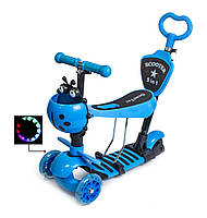 Самокат беговел детский трехколесный Scooter "Божья коровка" 5in1 синий со светящимися колесами и тормозом