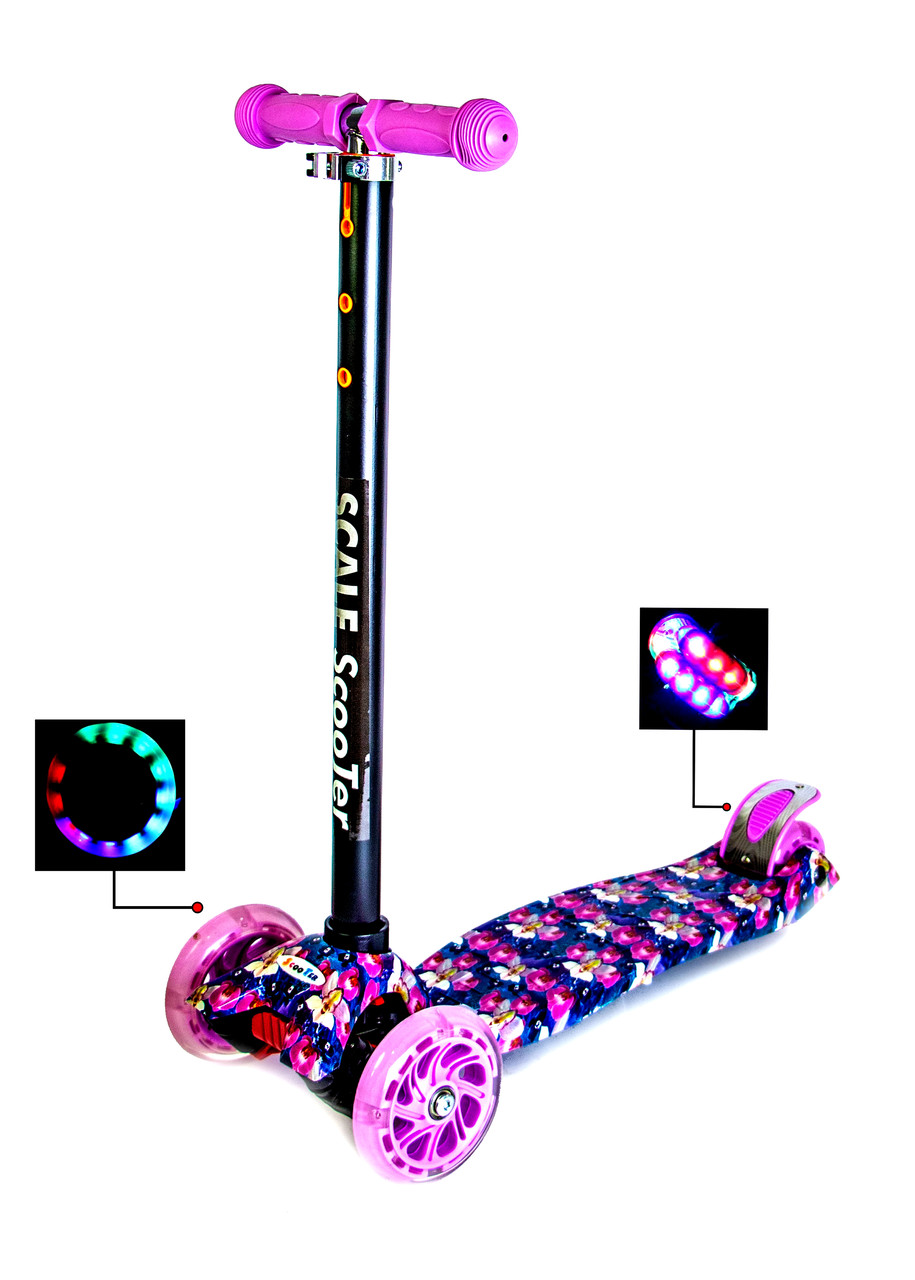 Дитячий самокат зі світними 4 колесами фіолетовий з квітами MAXI Орхідея для дівчаток від 3 років