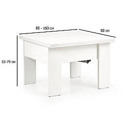 Білий квадратний журнальний столик розкладний Serafin 80-160х80х53-79 см на ніжках для невеликих кімнат