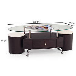 Овальний журнальний столик із пуфами венге Stella 120х65х44 см зі скляною стільницею та шухлядою у зал