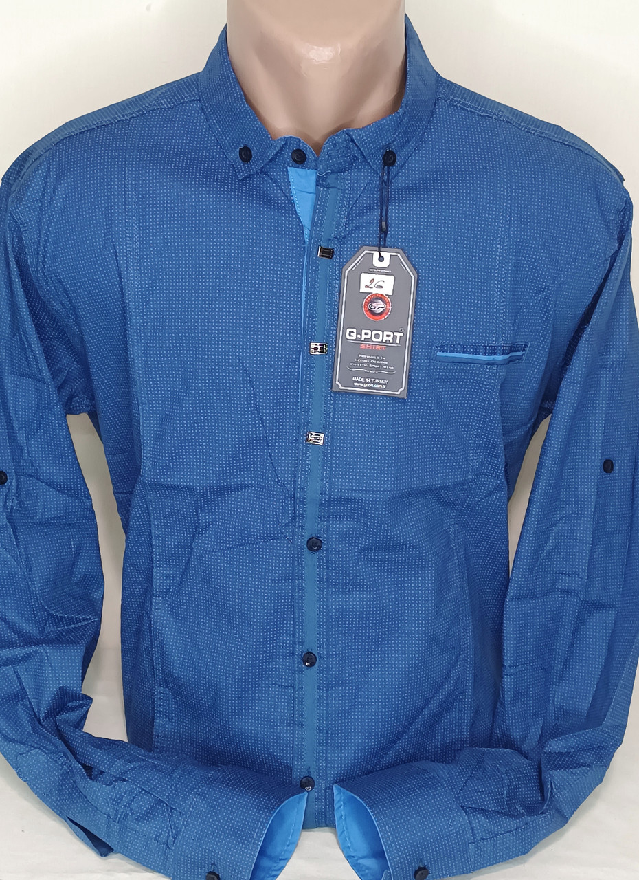 Сорочка чоловіча G-Port vd-0026 синя приталена в принт стрейч-котон Туреччина трансформер