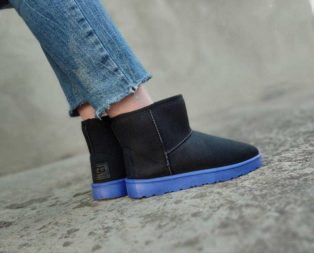 Угги черные короткие на синей подошве экозамша женские зима UGG, фото 1