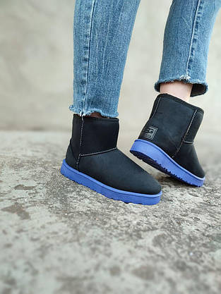 Угги черные короткие на синей подошве экозамша женские зима UGG, фото 4