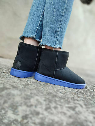 Угги черные короткие на синей подошве экозамша женские зима UGG, фото 5