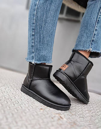 UGG Шкіряні уггі короткі низькі еко - шкіра жіночі чорні теплі зимові міні, фото 1