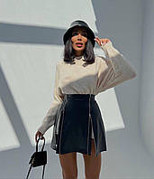 Базовая женская мини юбка - баска из эко-кожи на замши цвета чёрный бежевый и терракот