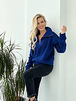 Стильный теплый шерстяной женский оверсайз свитер с молнией на горловине Электрик
