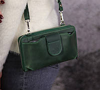 Женская кожаная сумка через плечо/ Клатч для телефона из натуральной кожи с плечевым ремешком/ Зеленый