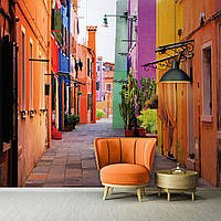 Фото обои город в коридор 368x280 см 3д Узкая цветная улочка Бурано Венеция (10745P10)+клей