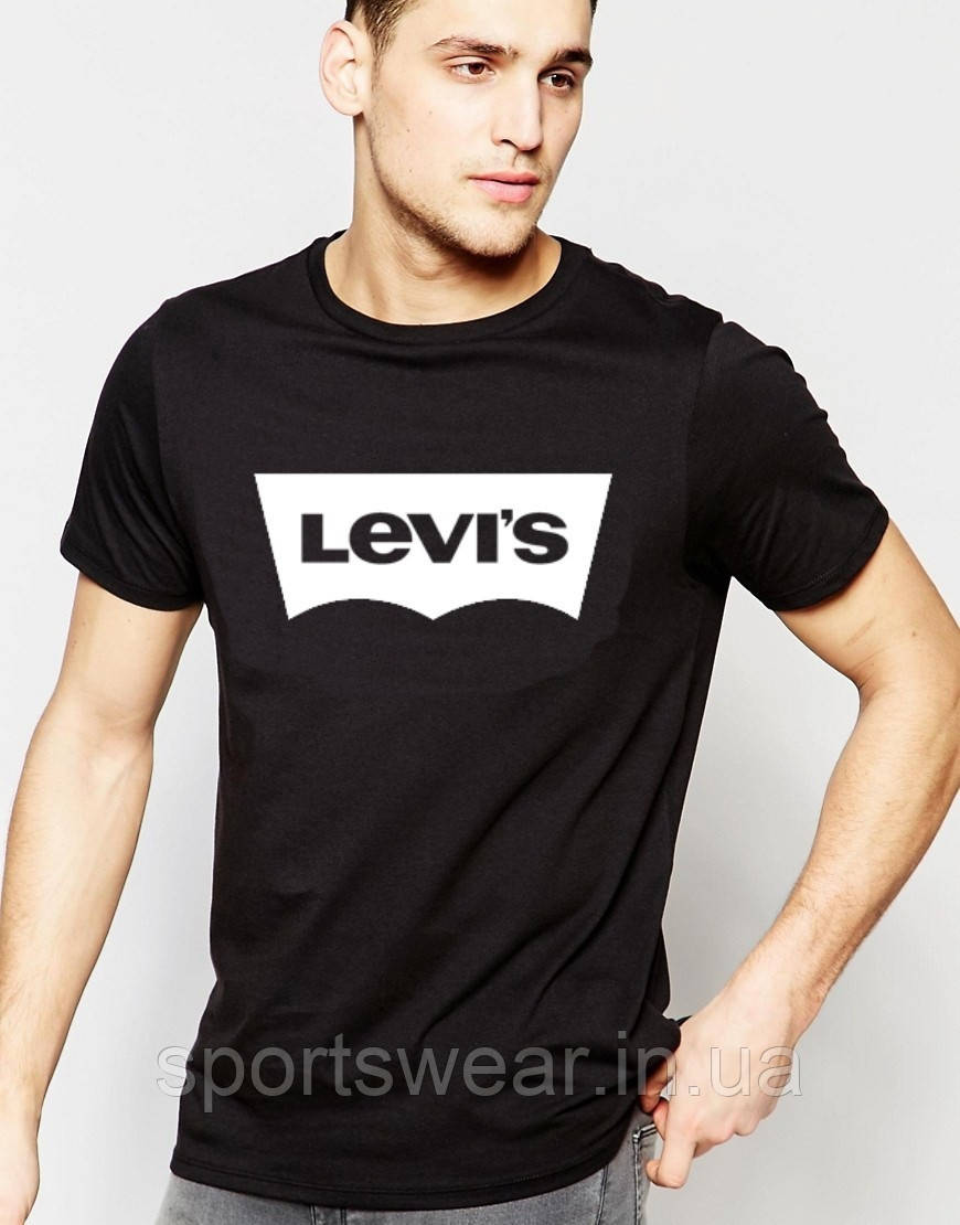 Чоловіча Футболка LEVI'S чорна з білим лого Трикотажна Бавовняна Ливайс принт Левіс короткий рукав