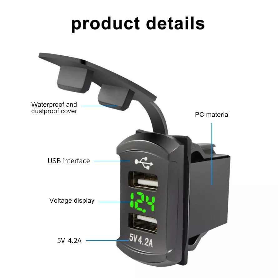 Заряджання в штатне місце 4.2 A два порти USB-вольтметр green TOYOTA універсальне