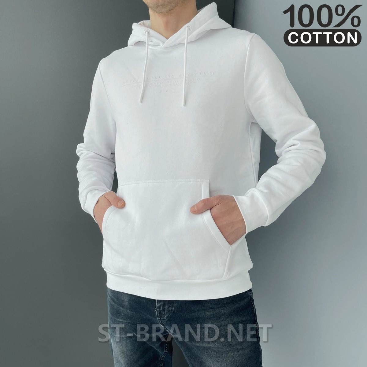 2XL, 3XL. Чоловіча толстовка з капюшоном, 100% Cotton, кофта худі з натурального трикотажу - біла