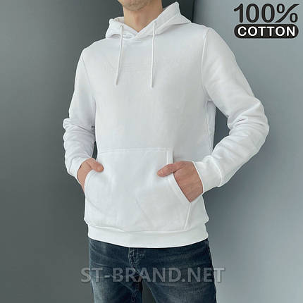 2XL, 3XL. Чоловіча толстовка з капюшоном, 100% Cotton, кофта худі з натурального трикотажу - біла, фото 1
