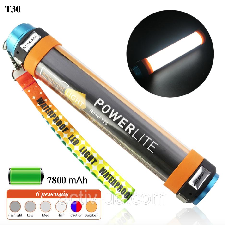 Ліхтар водозахисний для кемпінгу T30, IP68, Power Bank 7800 mAh, 6 режимів освітлення