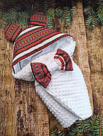 Зимний плюшевый конверт одеяло, белый с красным, принт вышиванка