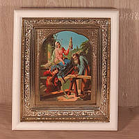 Икона Святое Семейство, лик 10х12 см, в белом прямом деревянном киоте