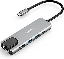 USB C хаб RealPlus 5 в 1 RJ 45 HDMI 2 порти USB Порт живлення 87 Вт