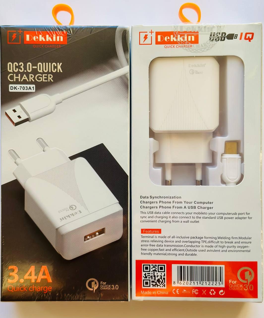 Зарядний пристрій Dekkin DK-703A із швидкою зарядкою QC 3.0 та кабелем Type-C 3.4A, фото 1